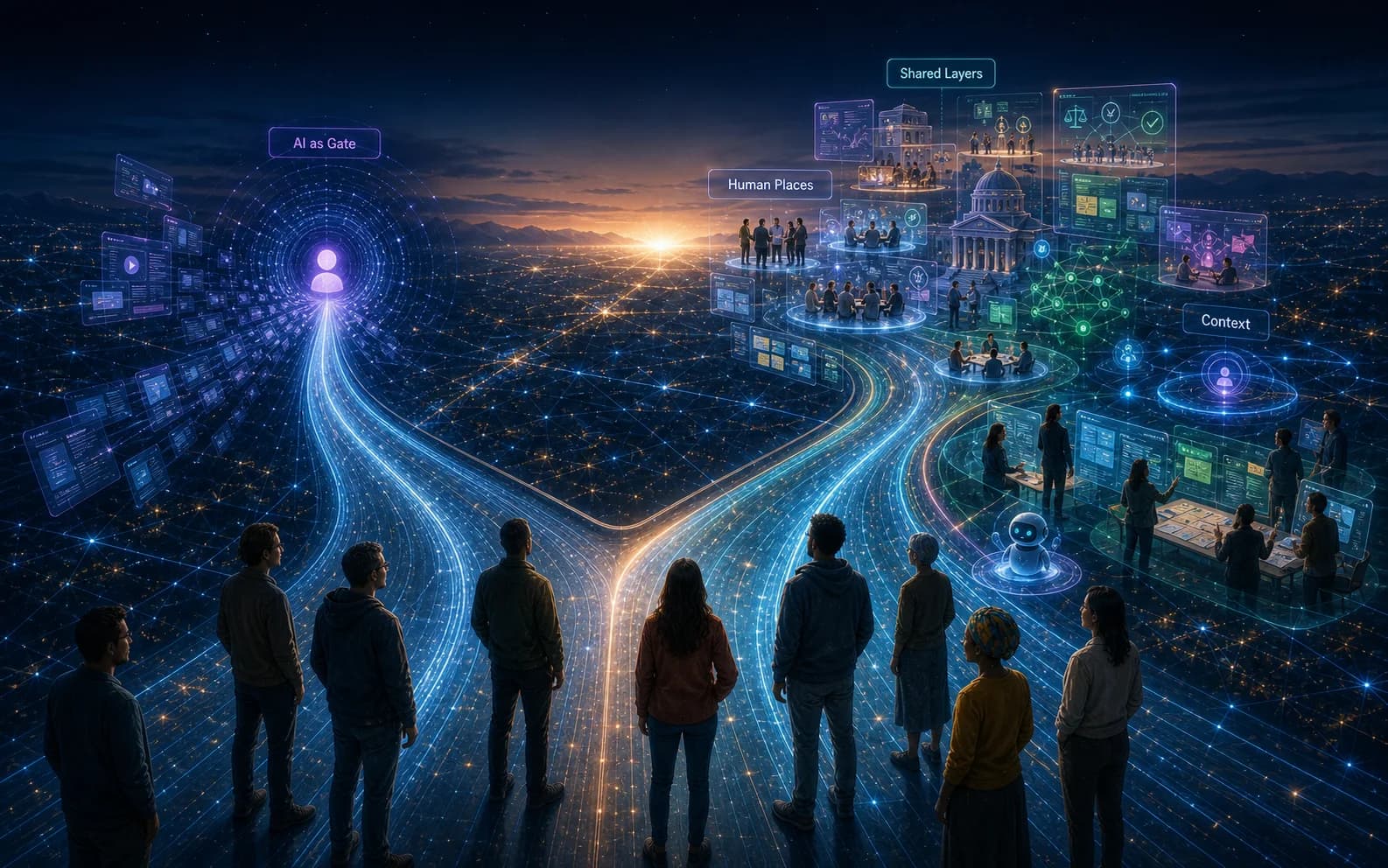 A luminous digital road forks above a glowing web, with one path narrowing into an AI gate and the other opening into shared human-centered layers.